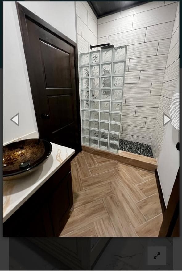 Modern bathroom with vessel sink on vanity