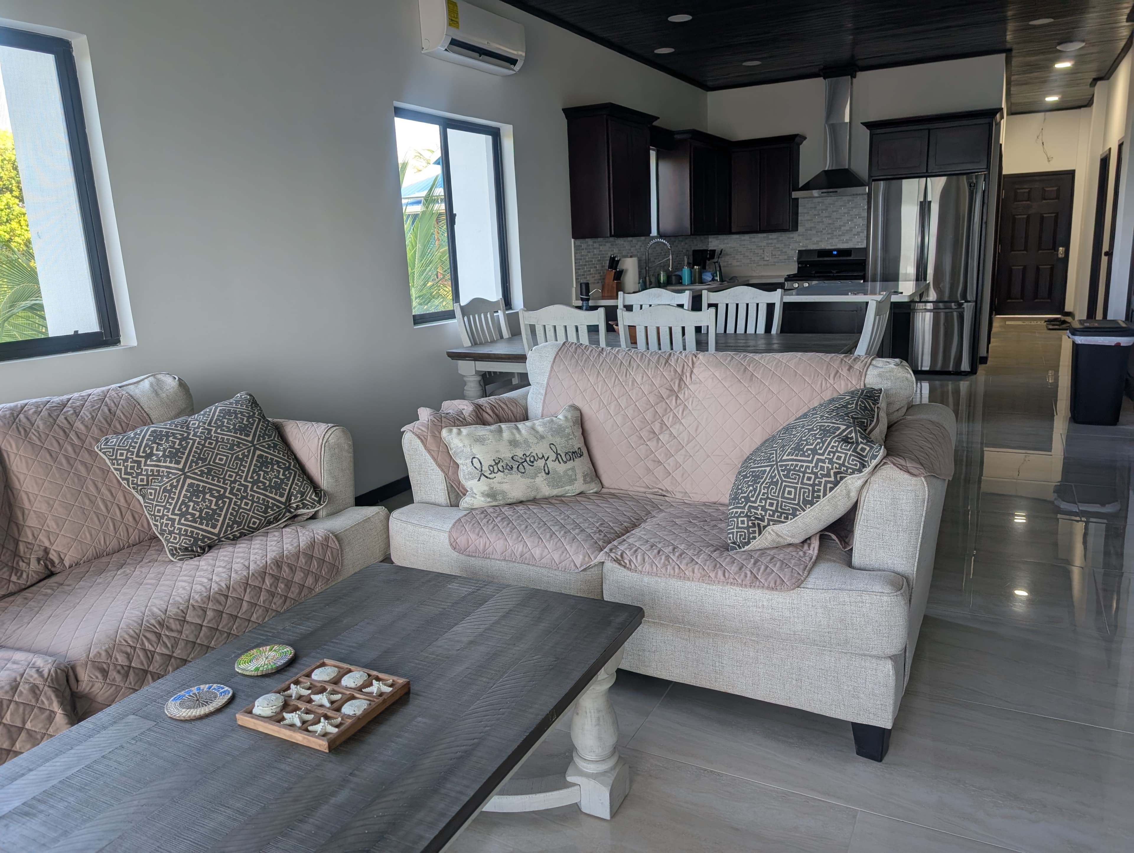 Living space with two couches, open space to dining and ktichen