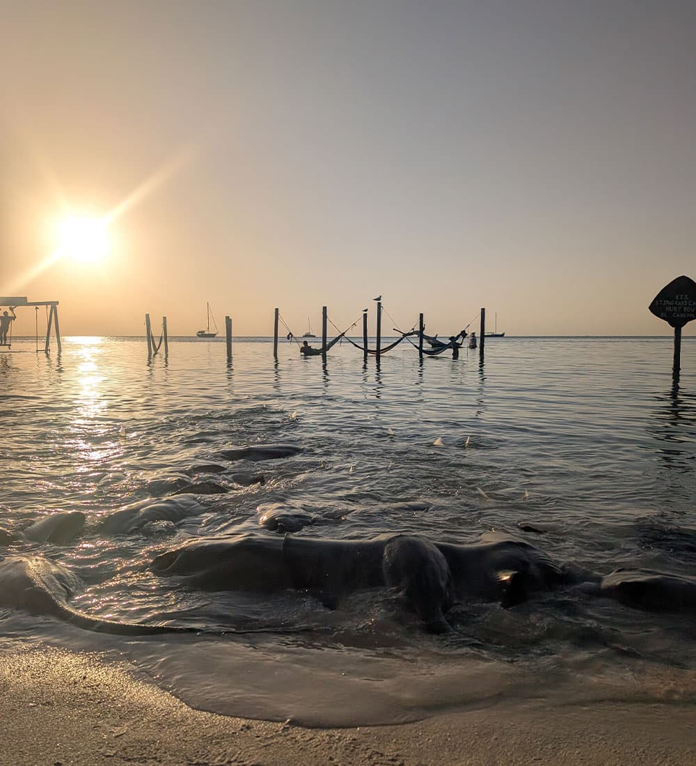 A serene beach scene at sunrise with calm waters, boats, and wooden posts.
