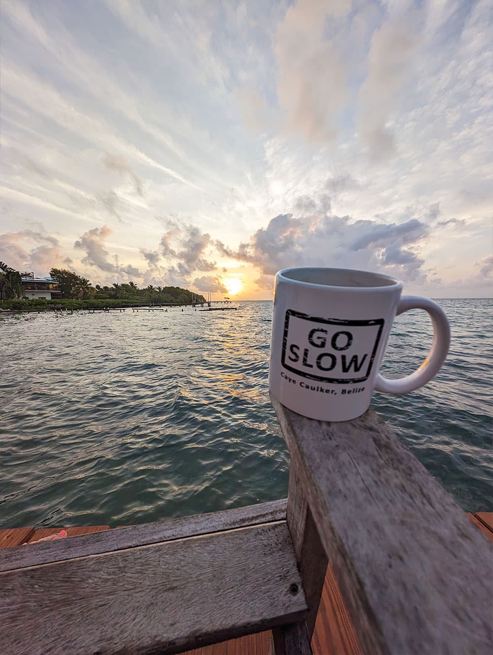 A coffee mug with "GO SLOW" printed on it sits on a wooden railing overlooking the ocean at sunset.